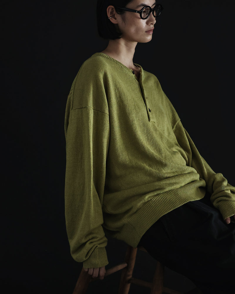 Linen Mid-Gauge Henley Neck Knit Pullover <#yellow>