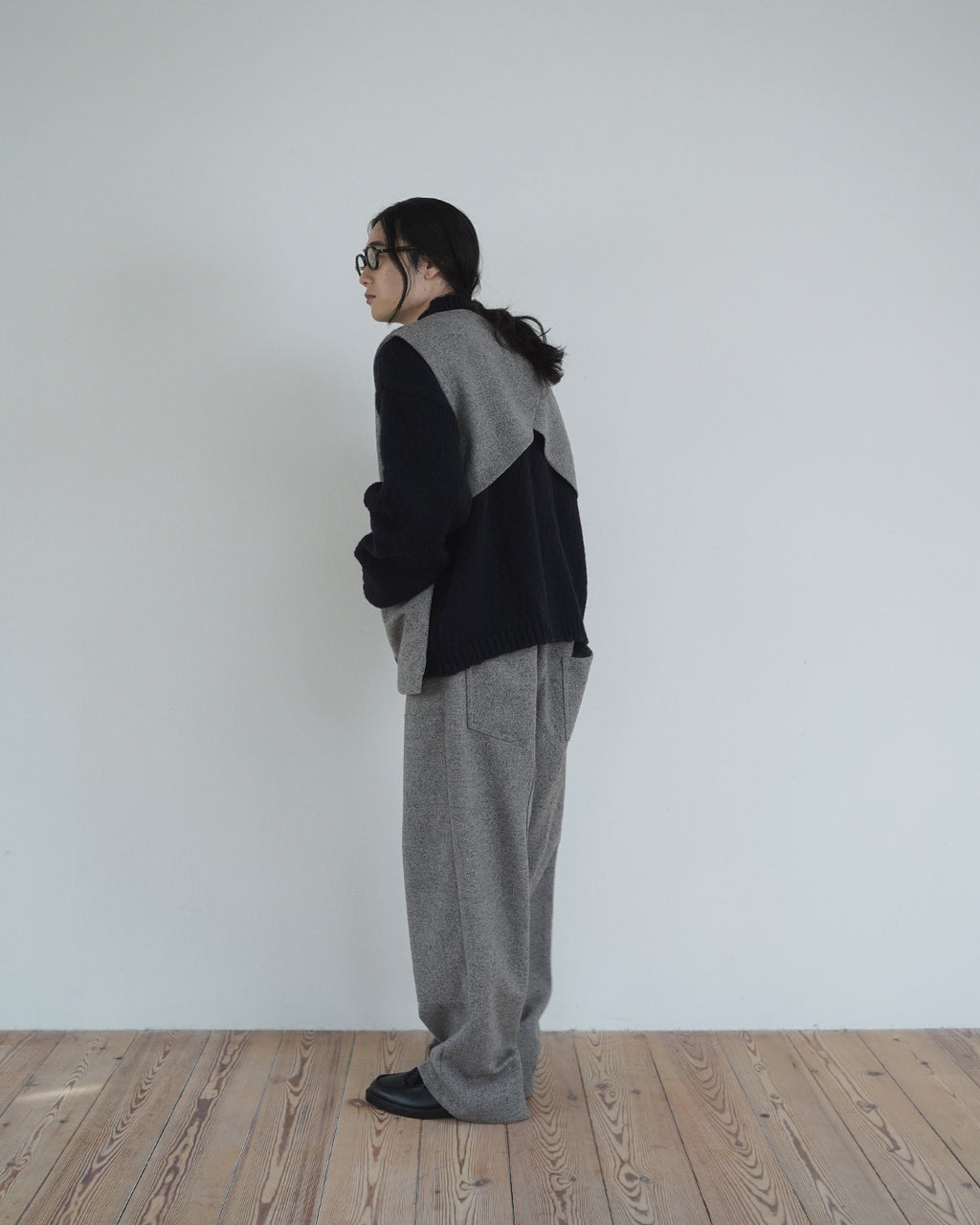 Wool Blend Tweed Back-Open Layered Crew Neck Vest <#greige>