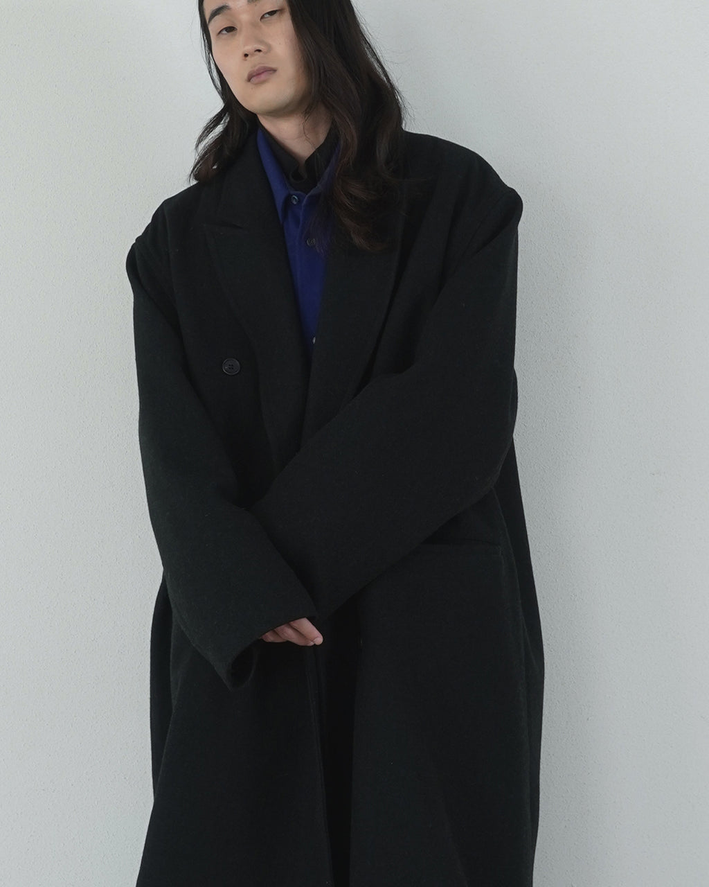 Wool Blend Double-Breasted Long Coat <#black>