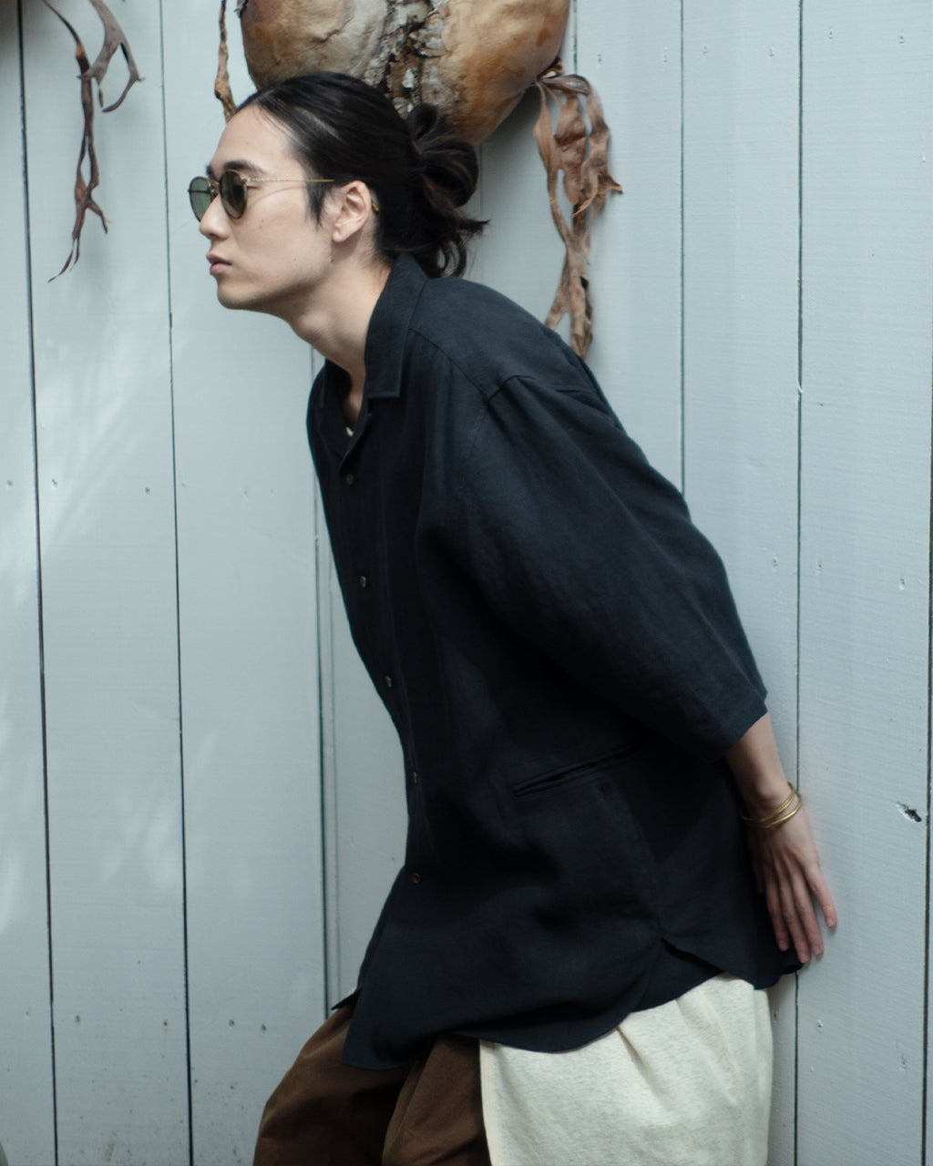 Wash Linen Open Collar 3/4 Sleeve Sleeping Shirt <#black>