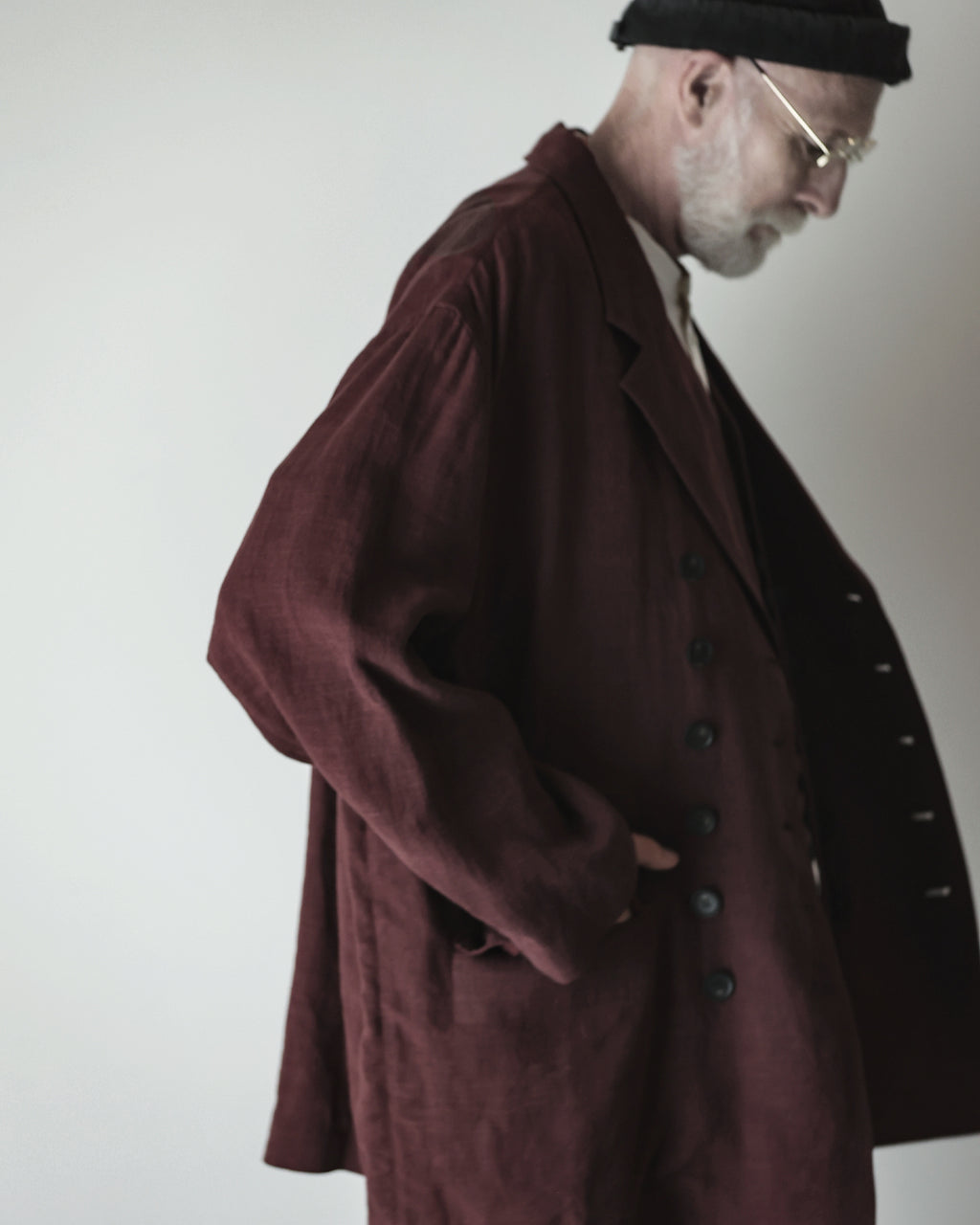 French Linen Back-Open Button Design Semi-Double Jacket <#burgundy>