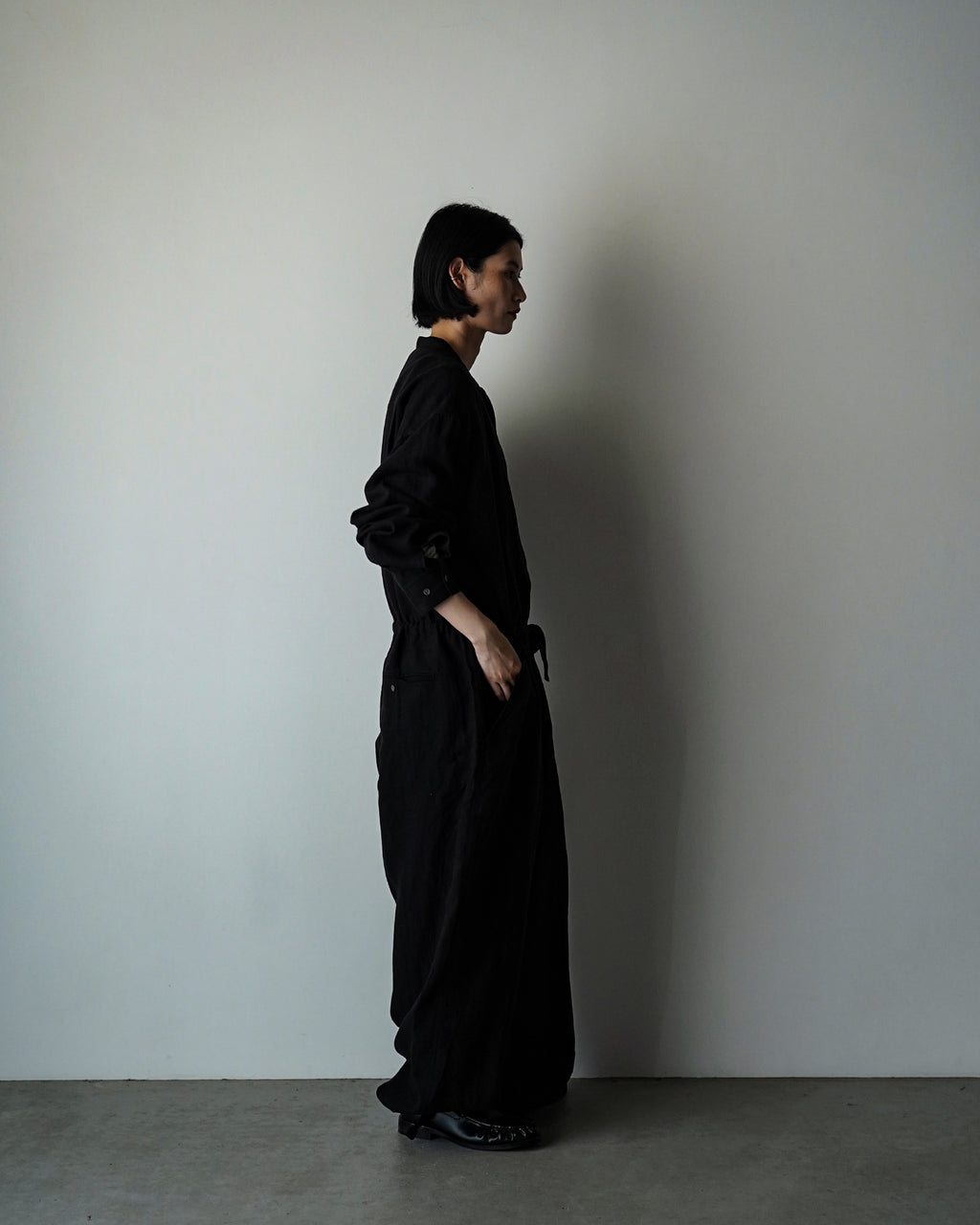 Wash Linen Band Collar Long-Sleeve Jumpsuit <#black>