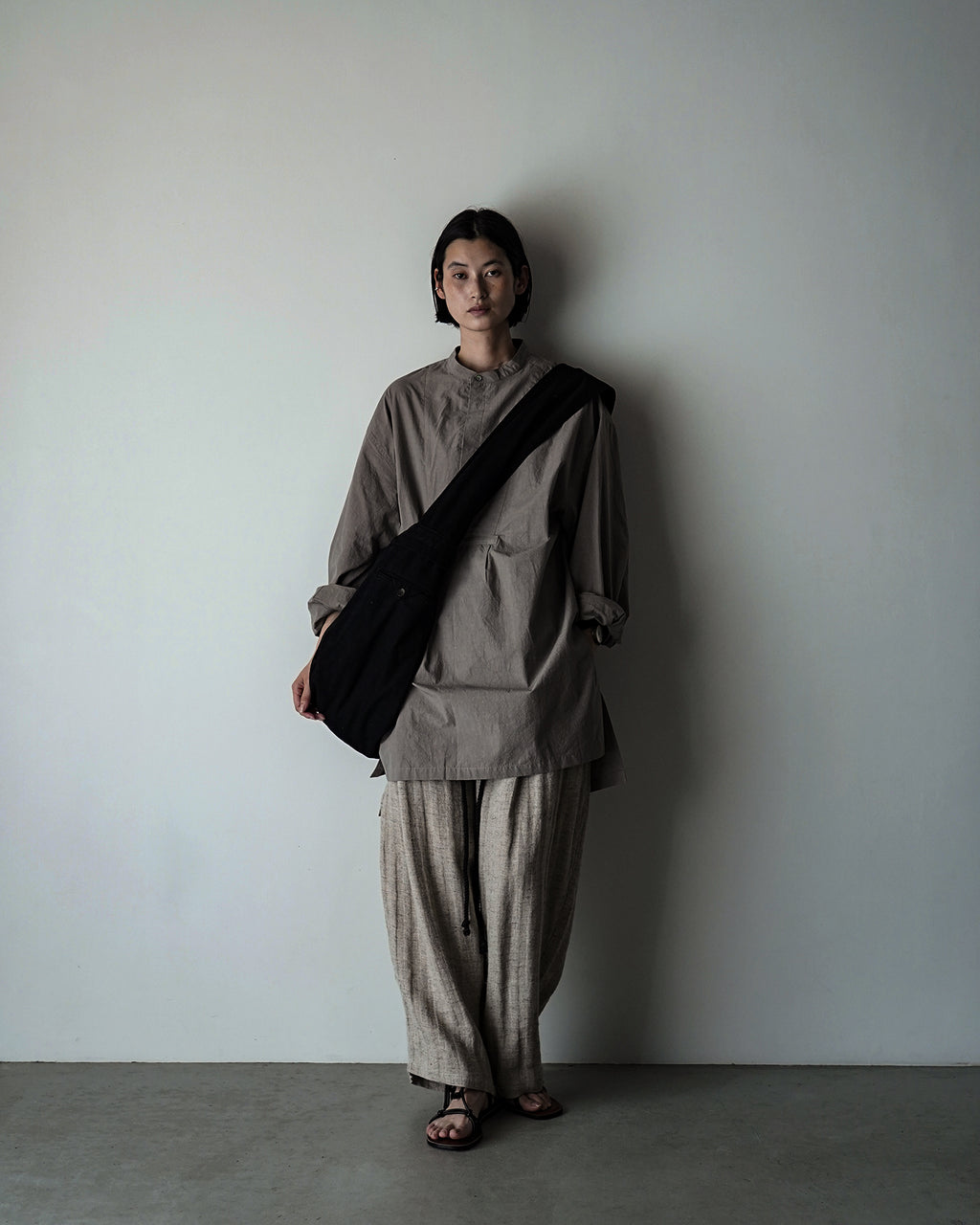 Linen Herringbone Button-Fly Easy Sarouel Pants <#heather gray>
