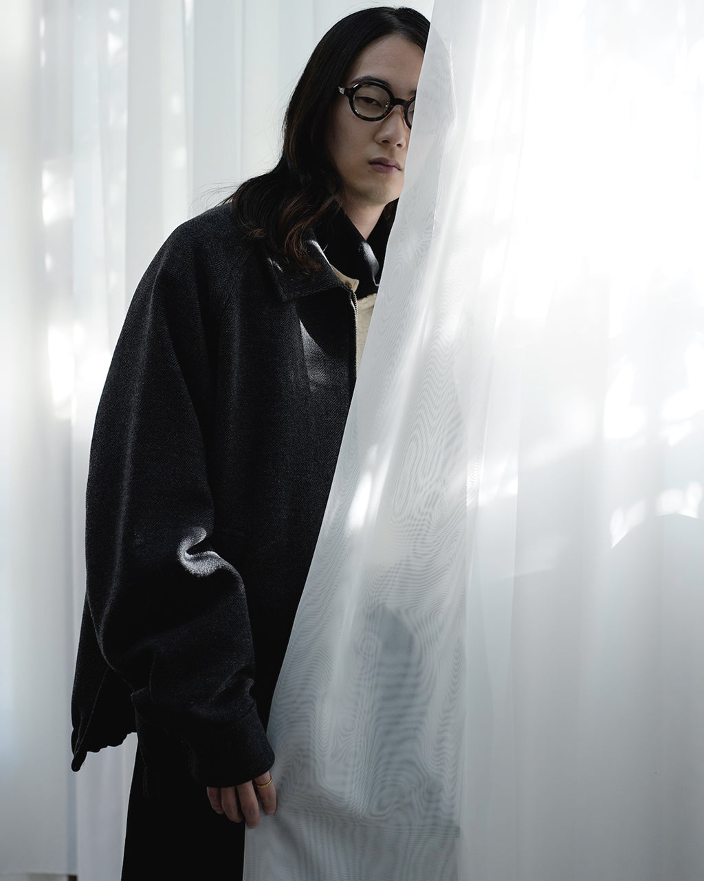 Wool Blend Herringbone Tweed Volume Zip Blouson <#black>