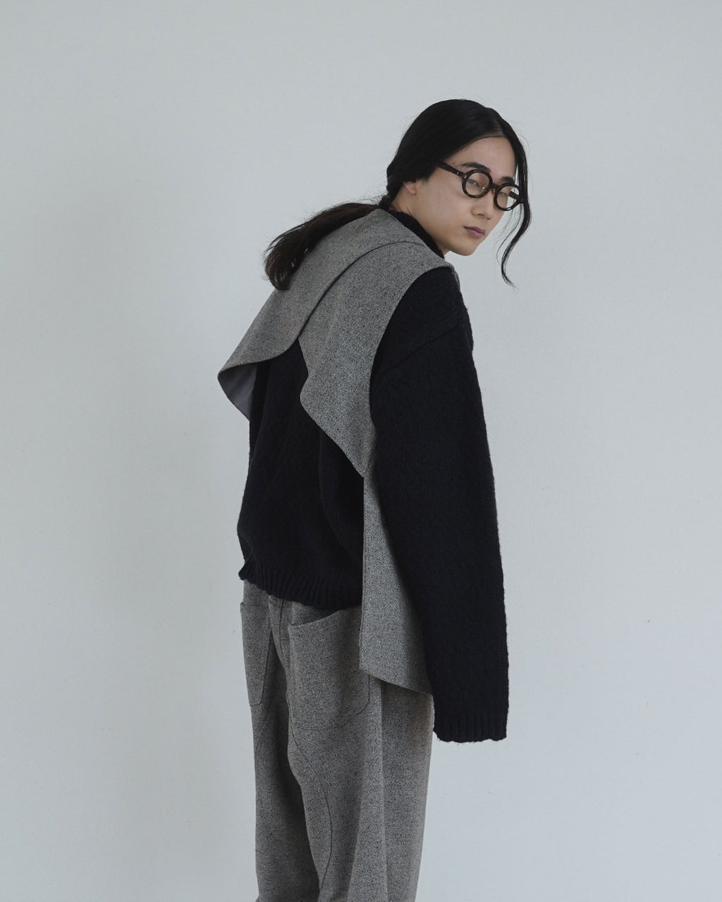 Wool Blend Tweed Back-Open Layered Crew Neck Vest <#greige>