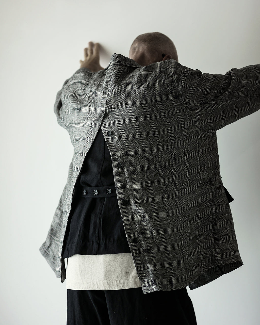 Glen Check Linen Back-Open Button Design Semi-Double Jacket <#glen check>