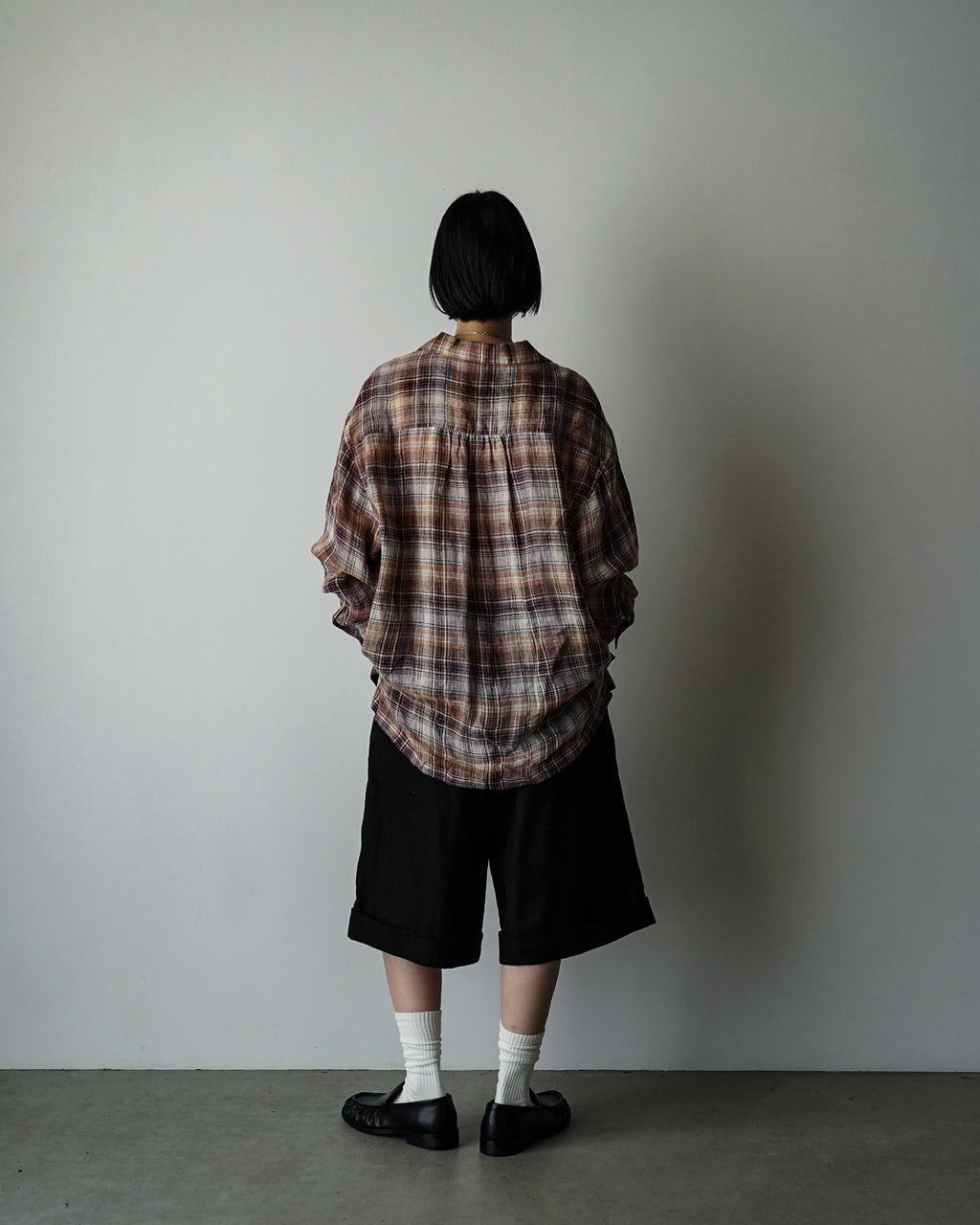 Linen Madras Check Open Collar Long-Sleeve Gathered Shirt<#red check>