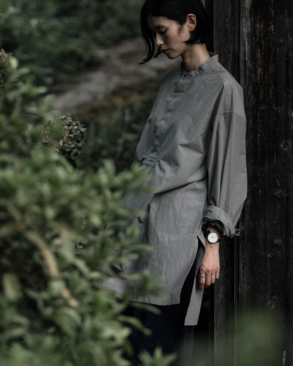 Organic Cotton Band Collar Side Slit Grandpa Shirt <#gray>