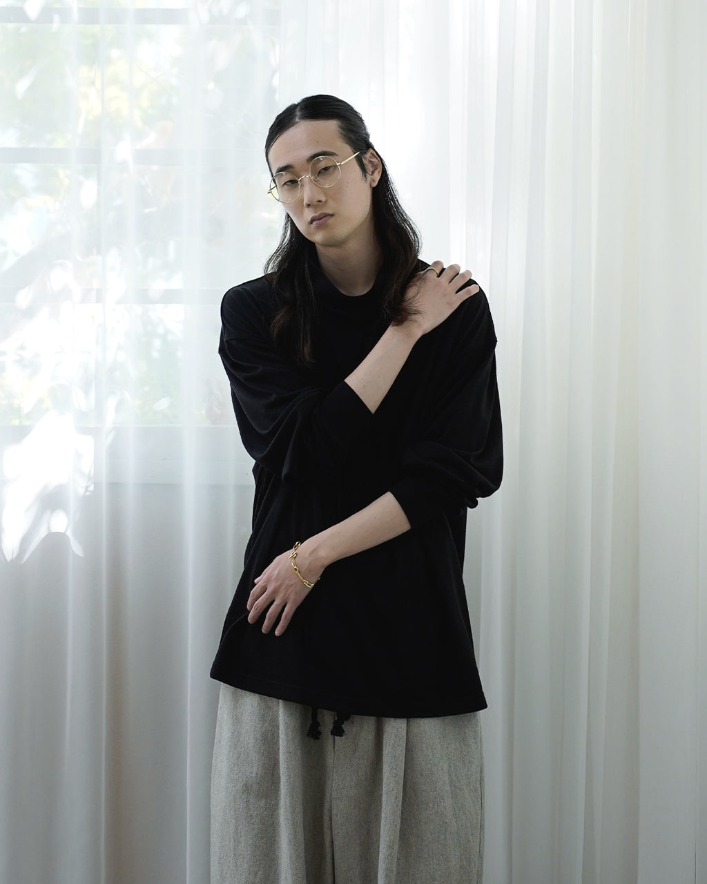 Super100s WOOL Plating Turtleneck L/S Logo TEE <#black>