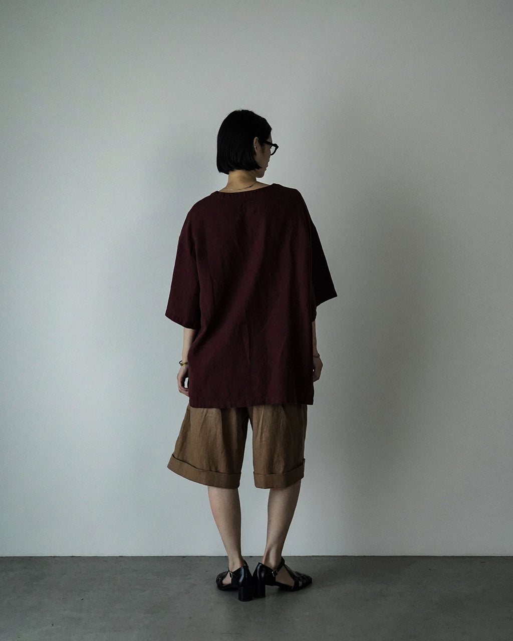 French Linen Crew Neck Half Sleeve Oversized Pullover <#burgundy>