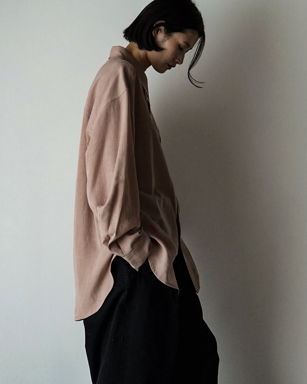 Linen-Tencel Double Pocket Regular Collar Over Shirt <#smoke pink>