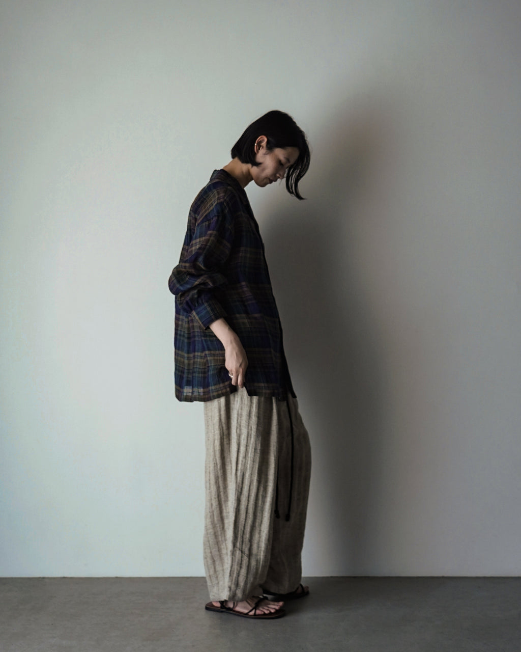 Linen Herringbone Button-Fly Easy Sarouel Pants <#heather gray>