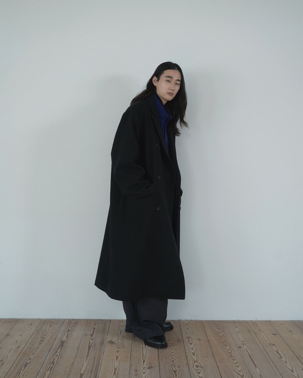 Wool Blend Double-Breasted Long Coat <#black>