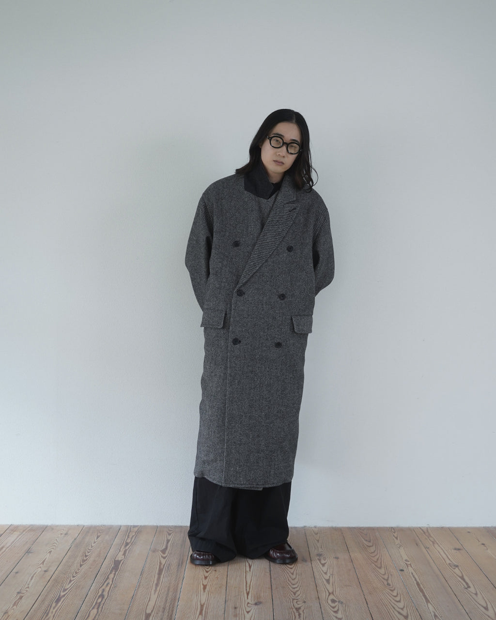 Wool Blend Double-Breasted Long Coat <#gray>