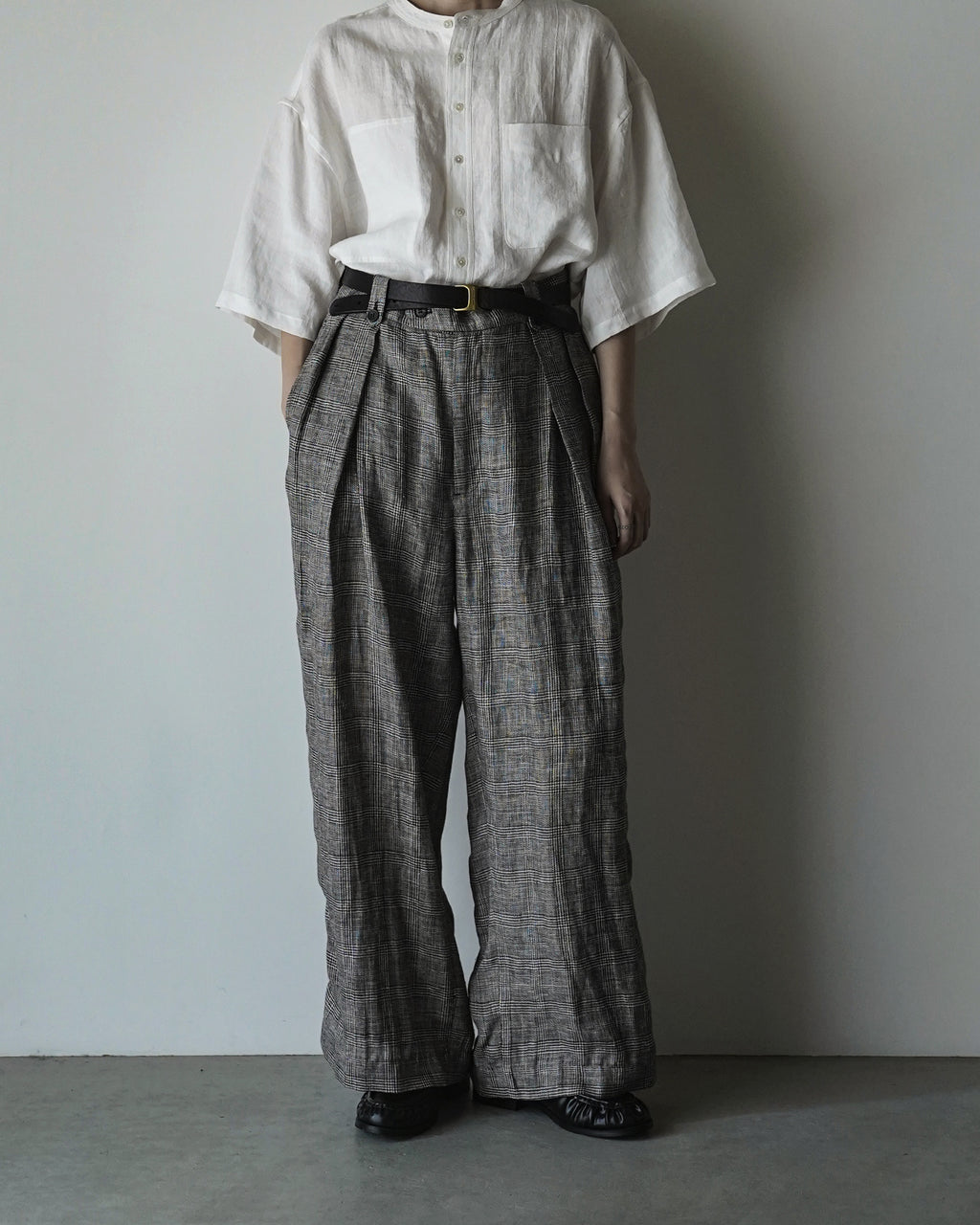 Glen Check Linen Back Belt 3Tuck Wide Straight Trousers <#glen check>