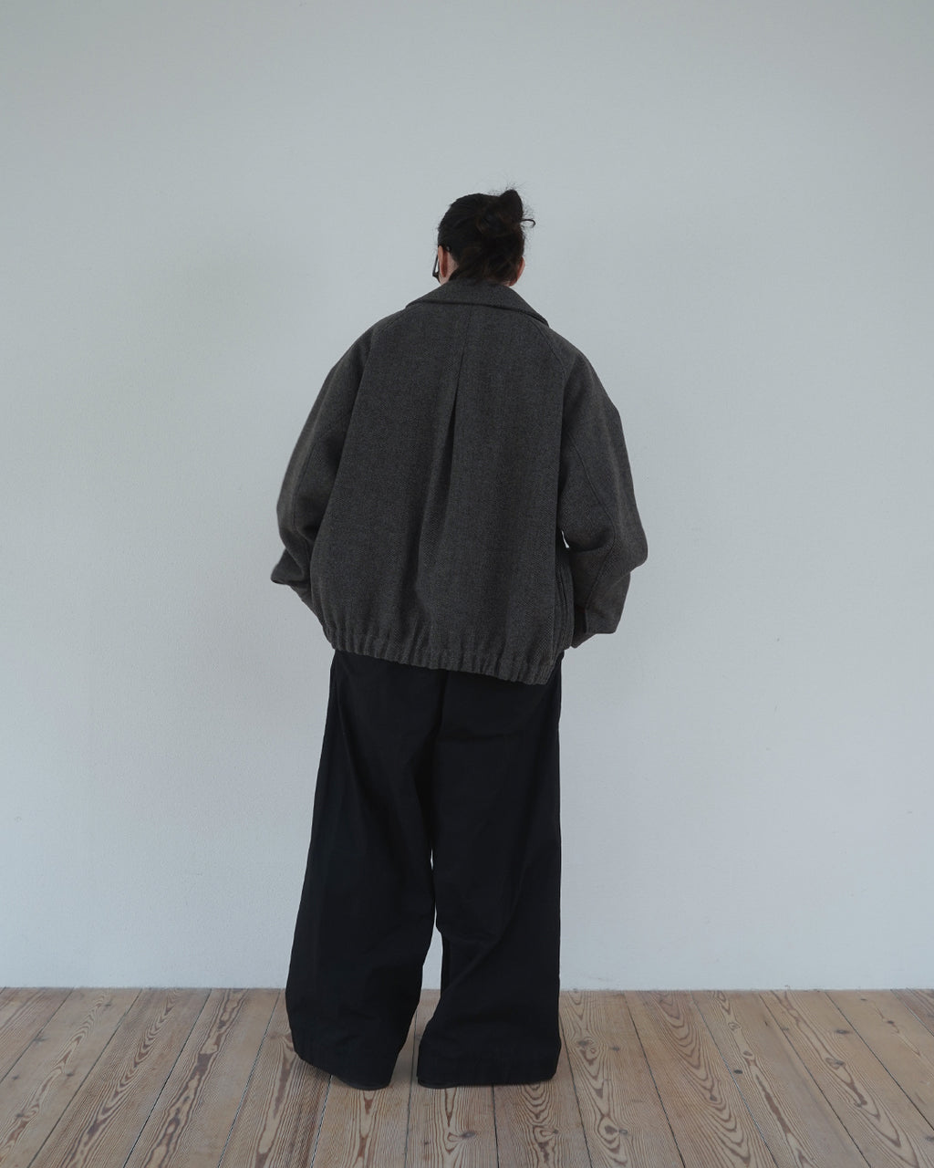 Wool Blend Herringbone Tweed Volume Zip Blouson <#brown>