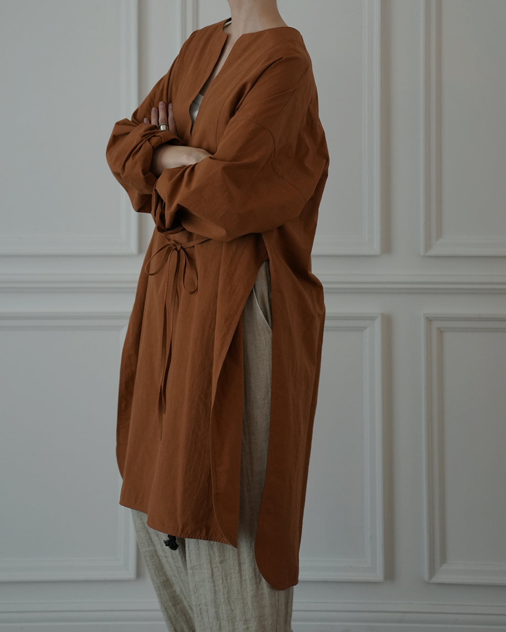 Key Neck Side Slit Long Length Pullover Shirt.