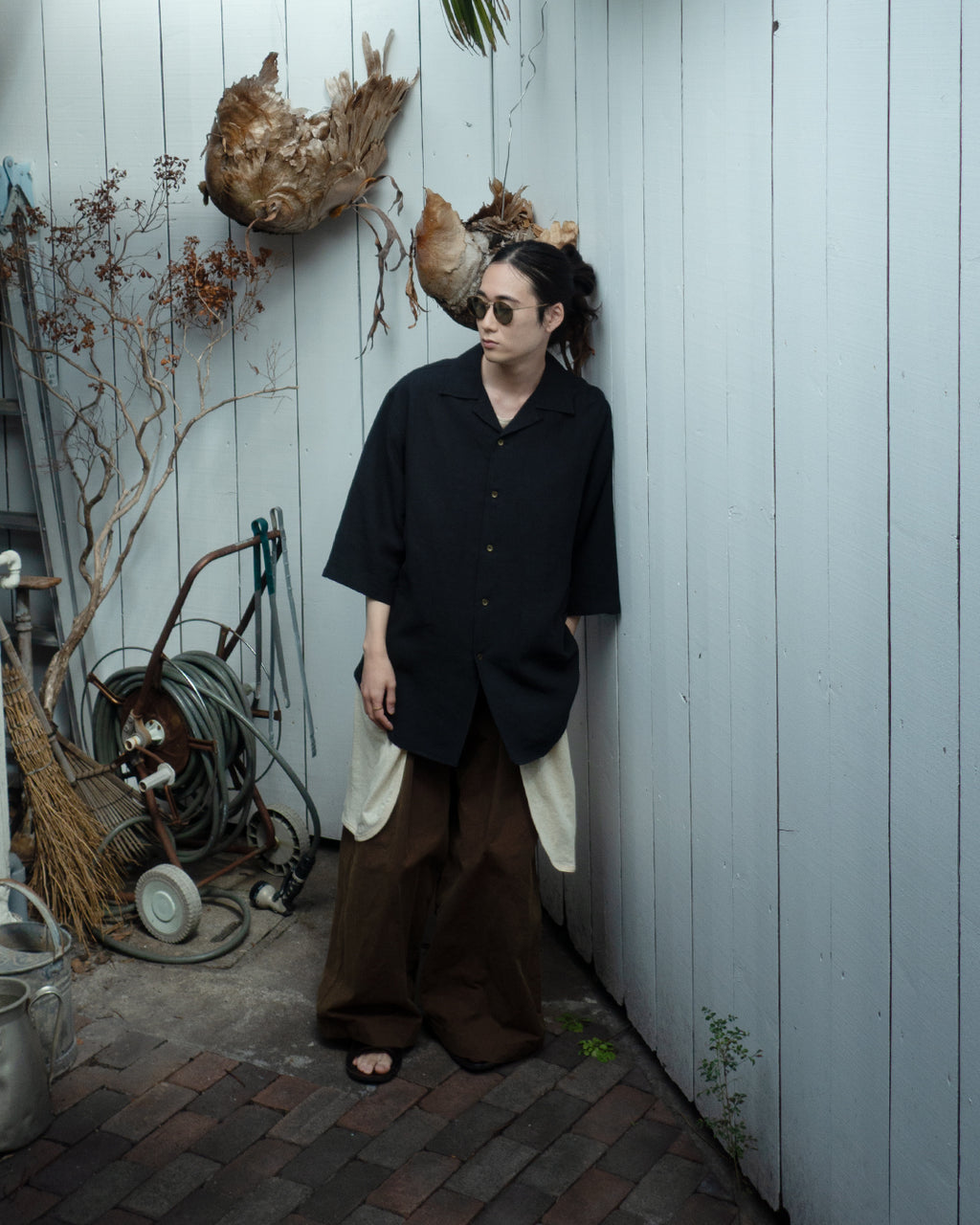 Wash Linen Open Collar 3/4 Sleeve Sleeping Shirt <#black>