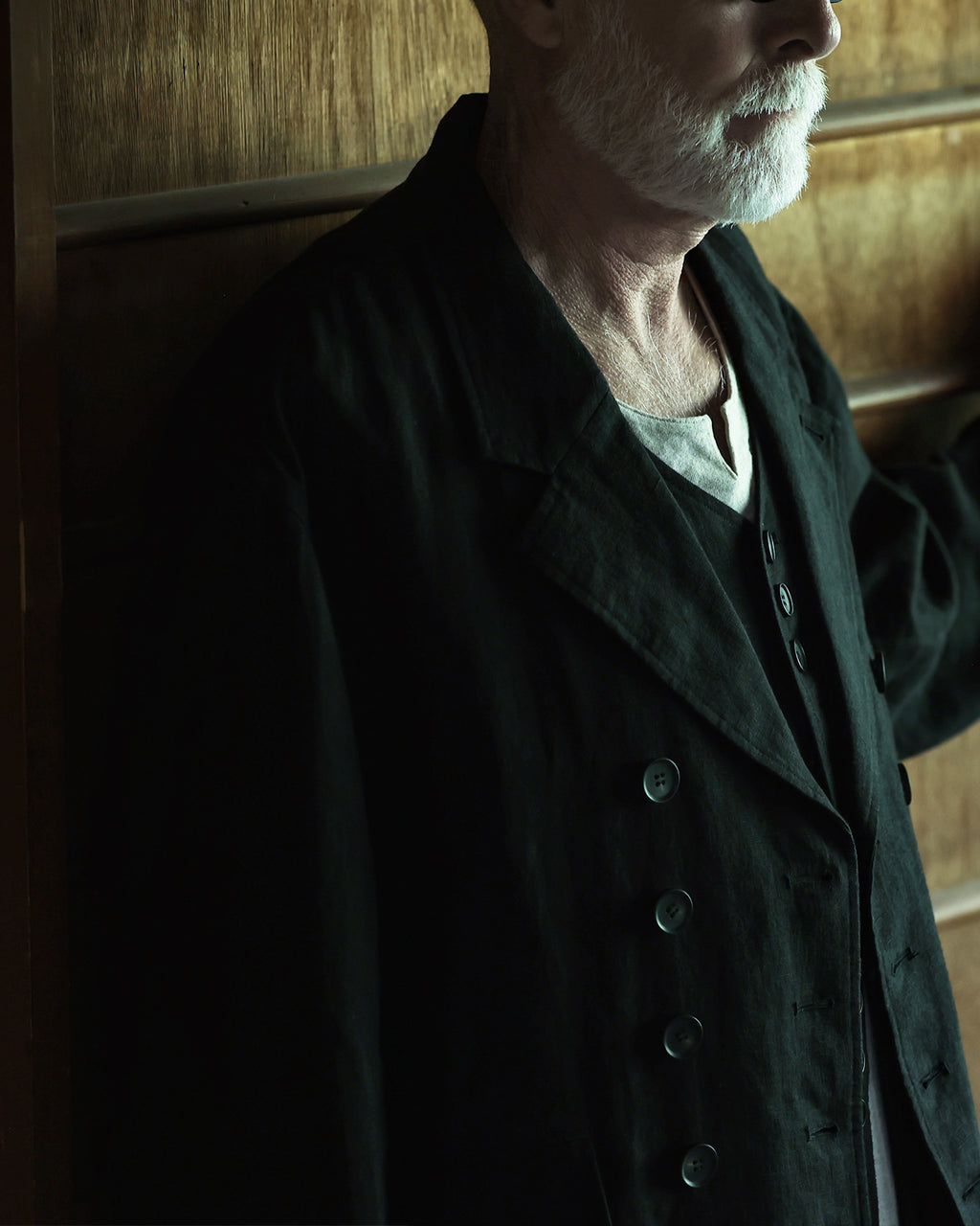 French Linen Back-Open Button Design Semi-Double Jacket <#black>