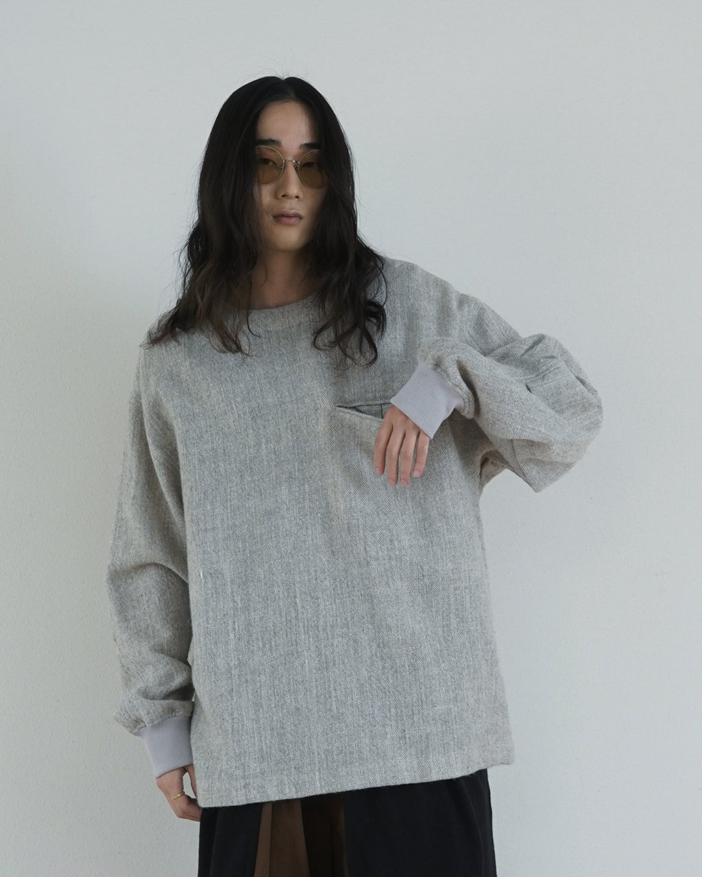 Shetland Wool Linen Crew Neck LS Tuck Rib Pullover <#light gray>