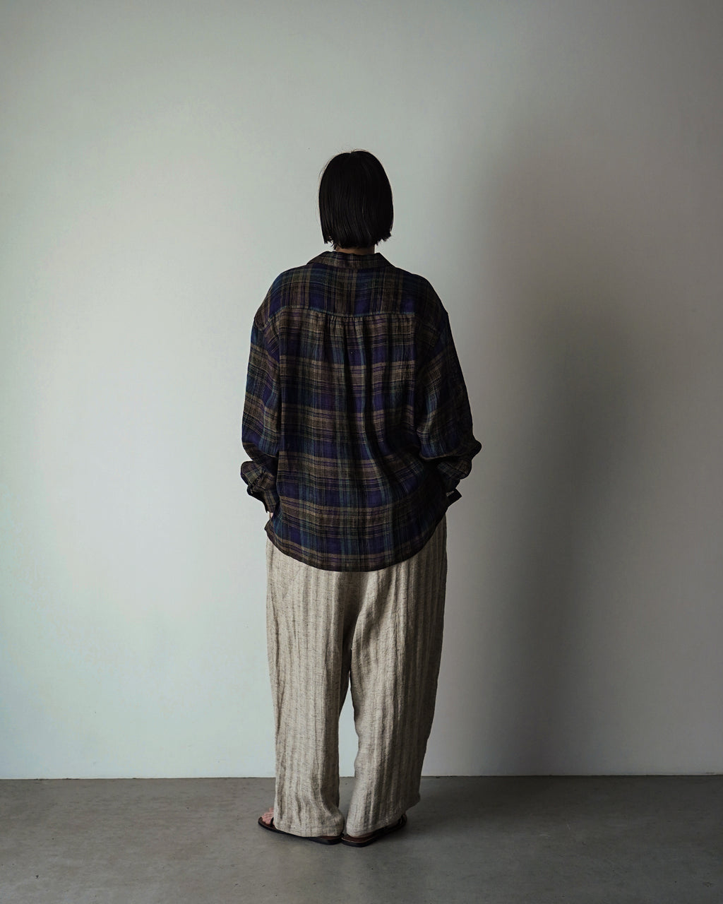 Linen Madras Check Open Collar Long-Sleeve Gathered Shirt<#navy check>