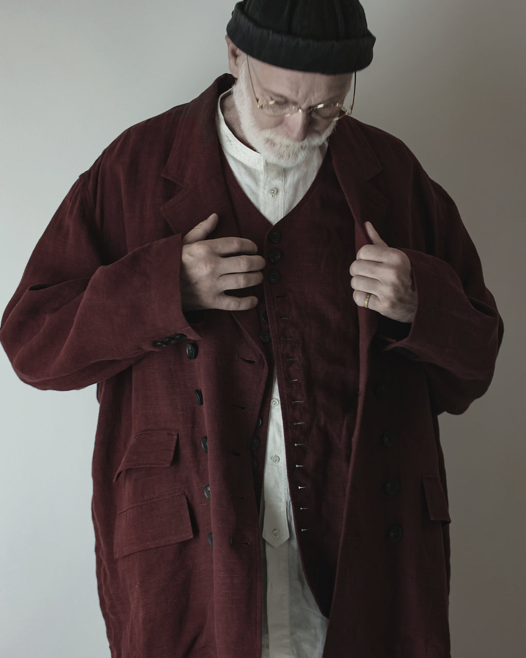 French Linen Back-Open Button Design Semi-Double Jacket <#burgundy>