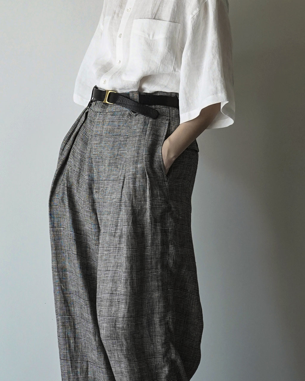 Glen Check Linen Back Belt 3Tuck Wide Straight Trousers <#glen check>