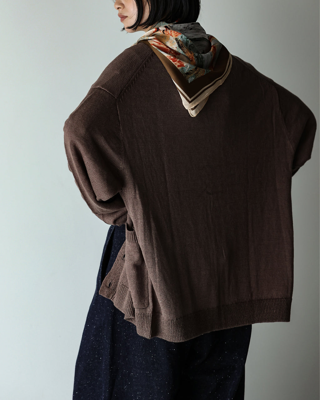 Linen Mid-Gauge V-Neck Knit Gown Cardigan <#brown>