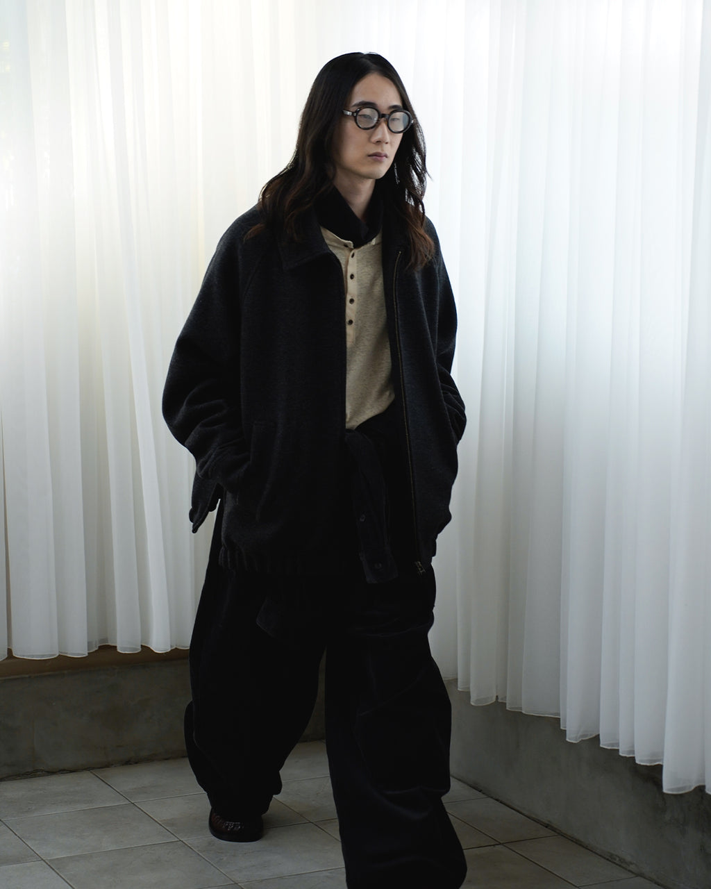 Wool Blend Herringbone Tweed Volume Zip Blouson <#black>