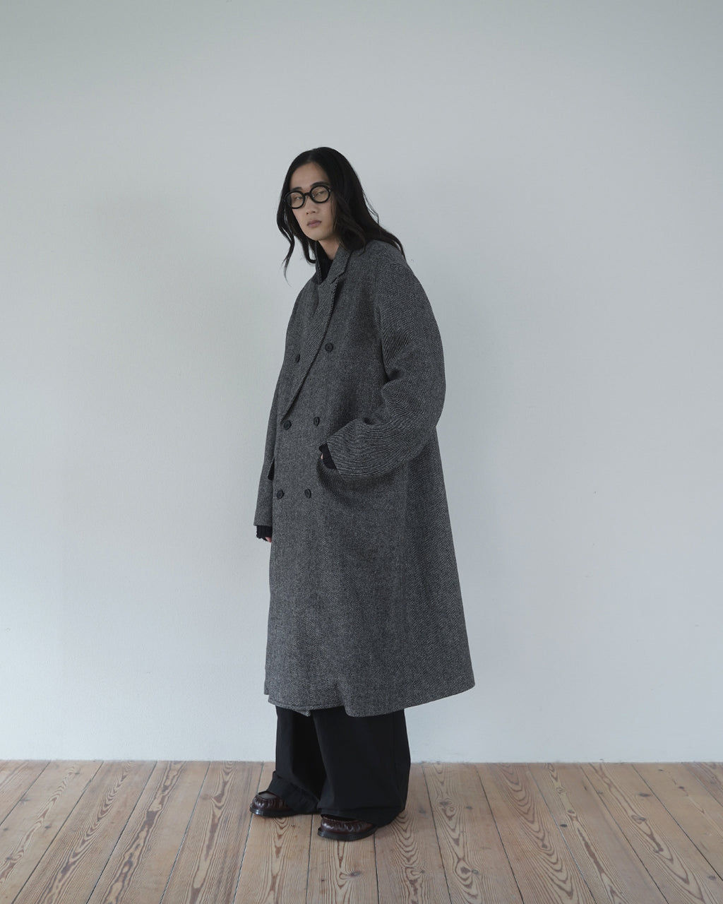 Wool Blend Double-Breasted Long Coat <#gray>