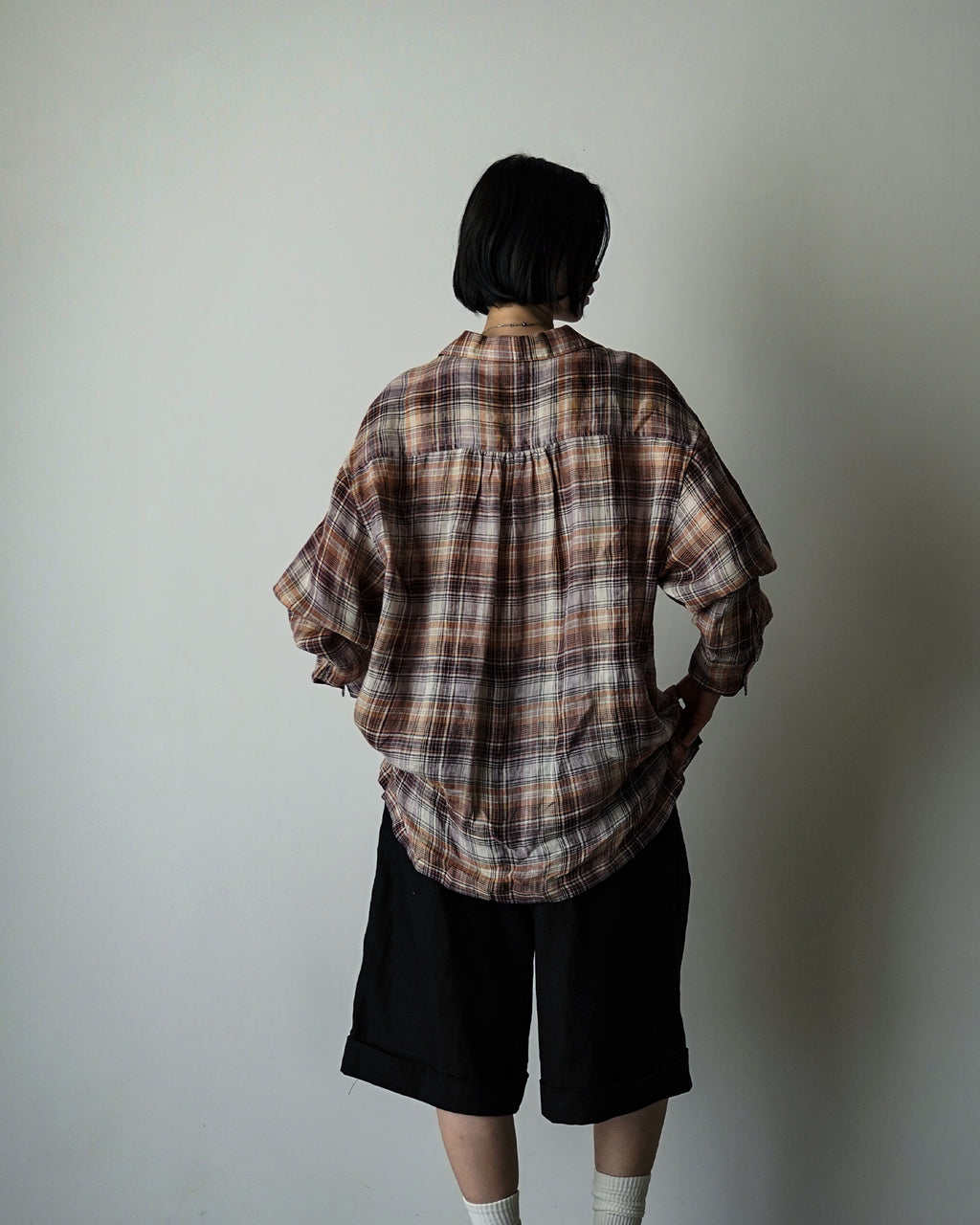 Linen Madras Check Open Collar Long-Sleeve Gathered Shirt<#red check>