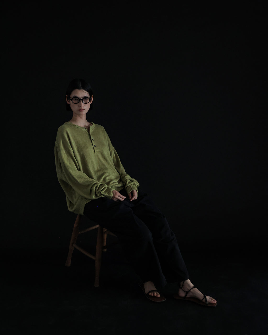 Linen Mid-Gauge Henley Neck Knit Pullover <#yellow>