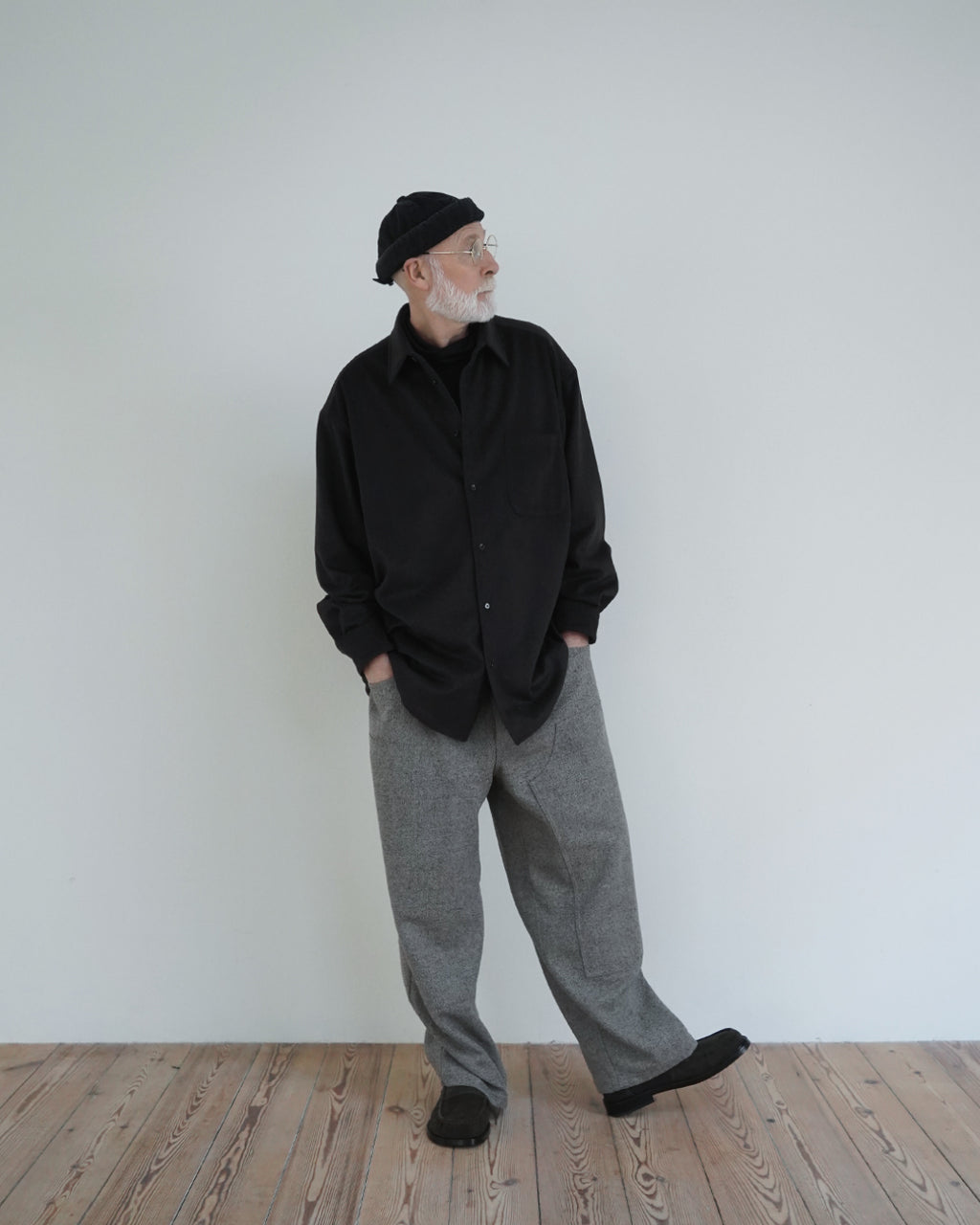 Wool Blend Heavy Flannel Wide Tuck Over Shirt <#olive>