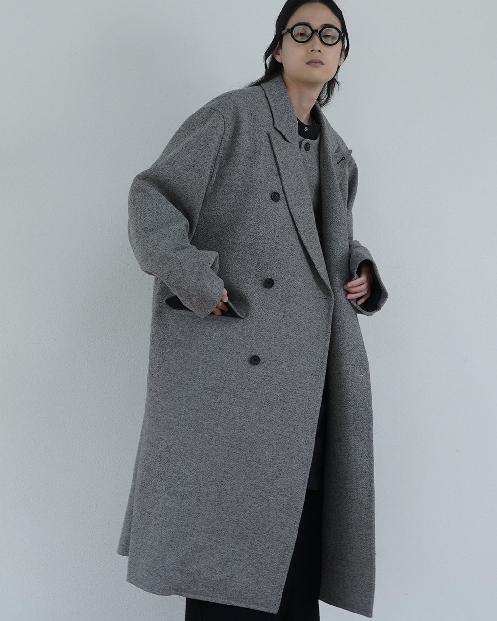 Wool Blend Double-Breasted Long Coat <#greige>