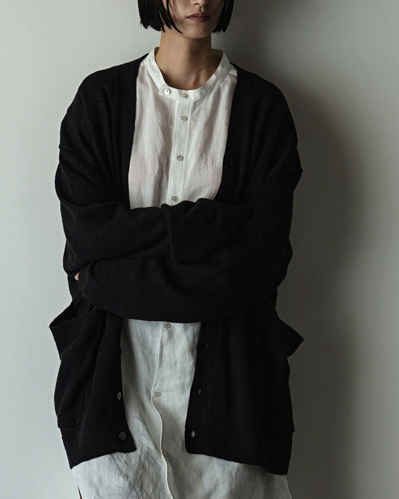 Linen Mid-Gauge V-Neck Knit Gown Cardigan <#black>