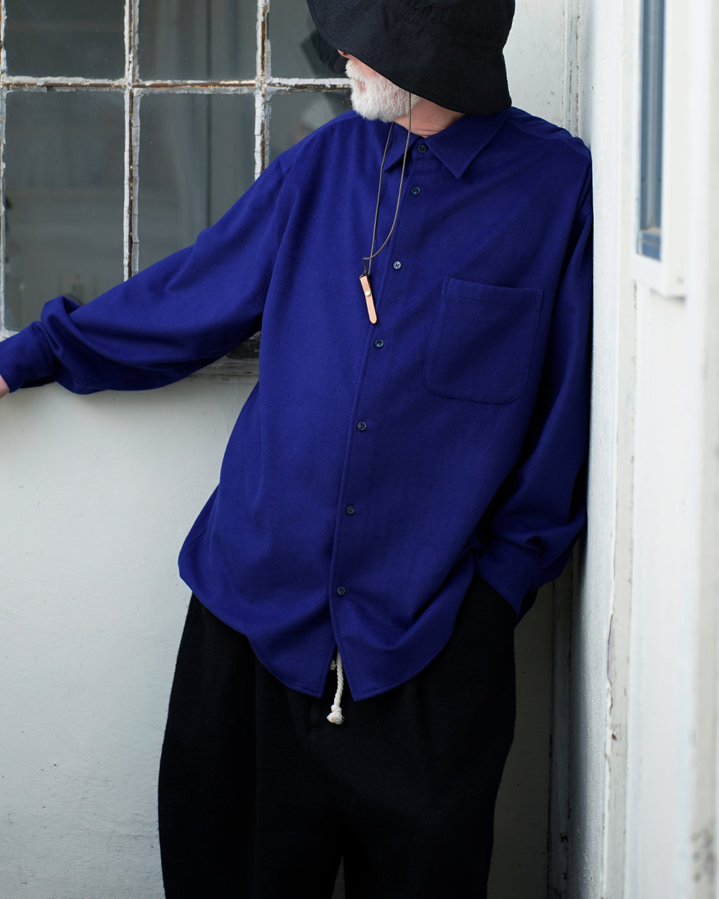 Wool Blend Heavy Flannel Wide Tuck Over Shirt <#royal blue>