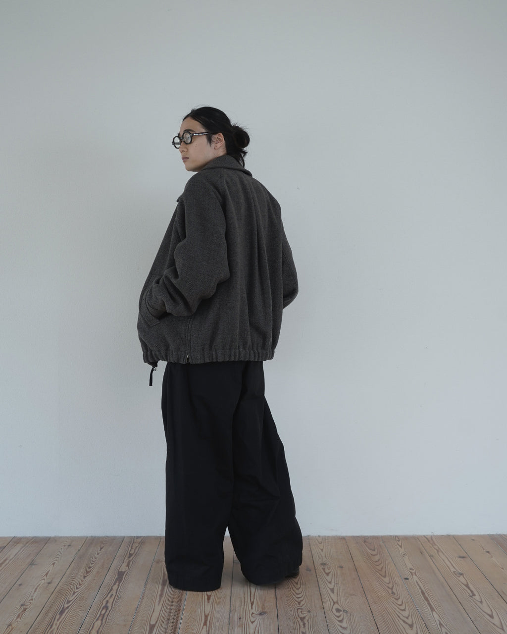 Wool Blend Herringbone Tweed Volume Zip Blouson <#brown>
