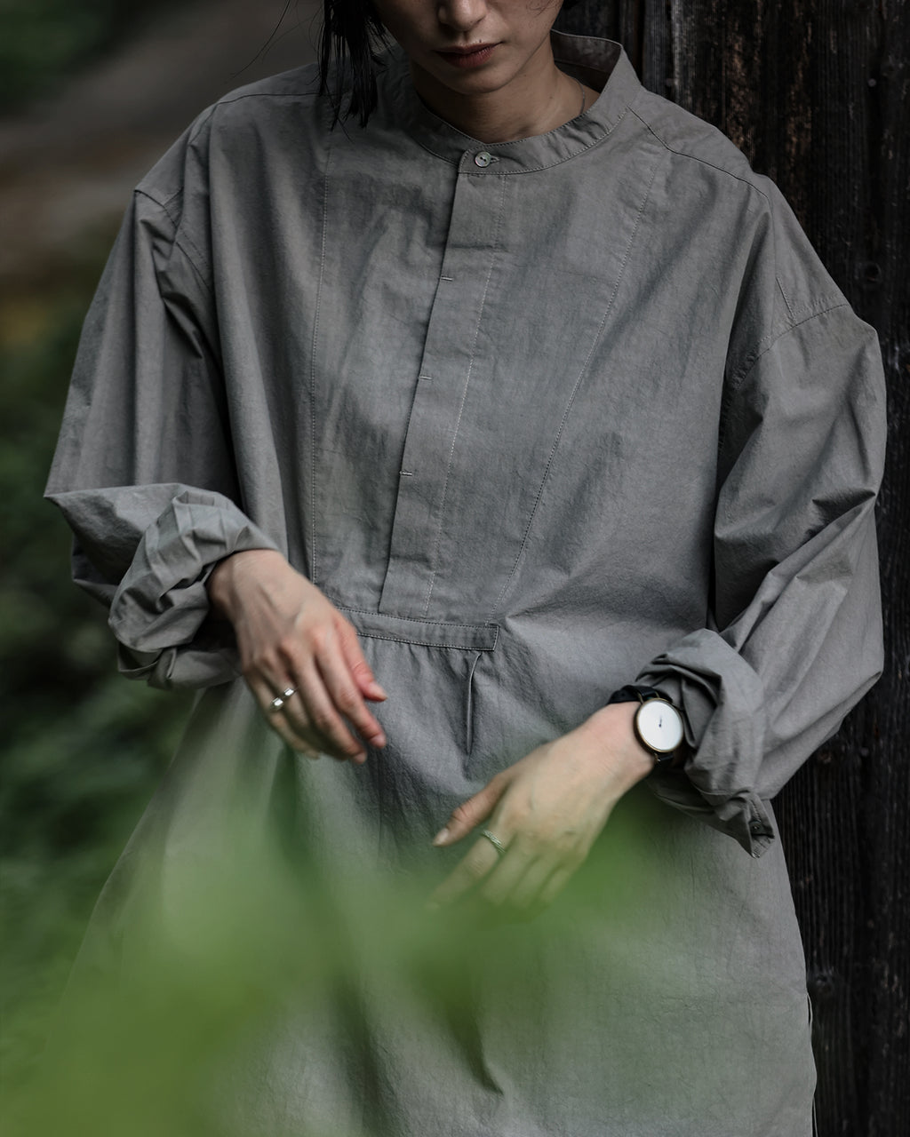 Organic Cotton Band Collar Side Slit Grandpa Shirt <#gray>