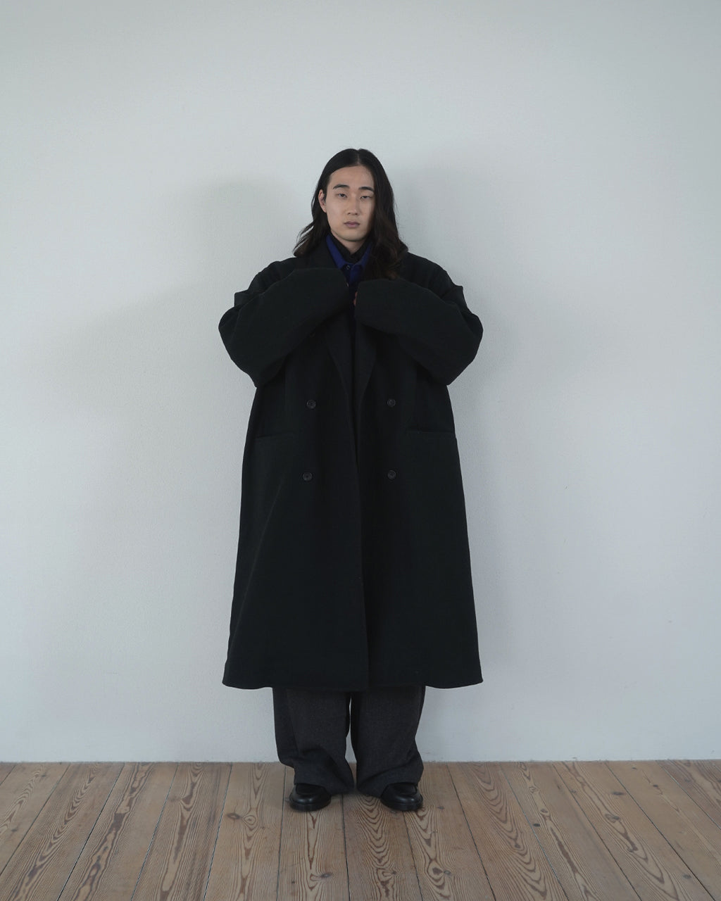 Wool Blend Double-Breasted Long Coat <#black>