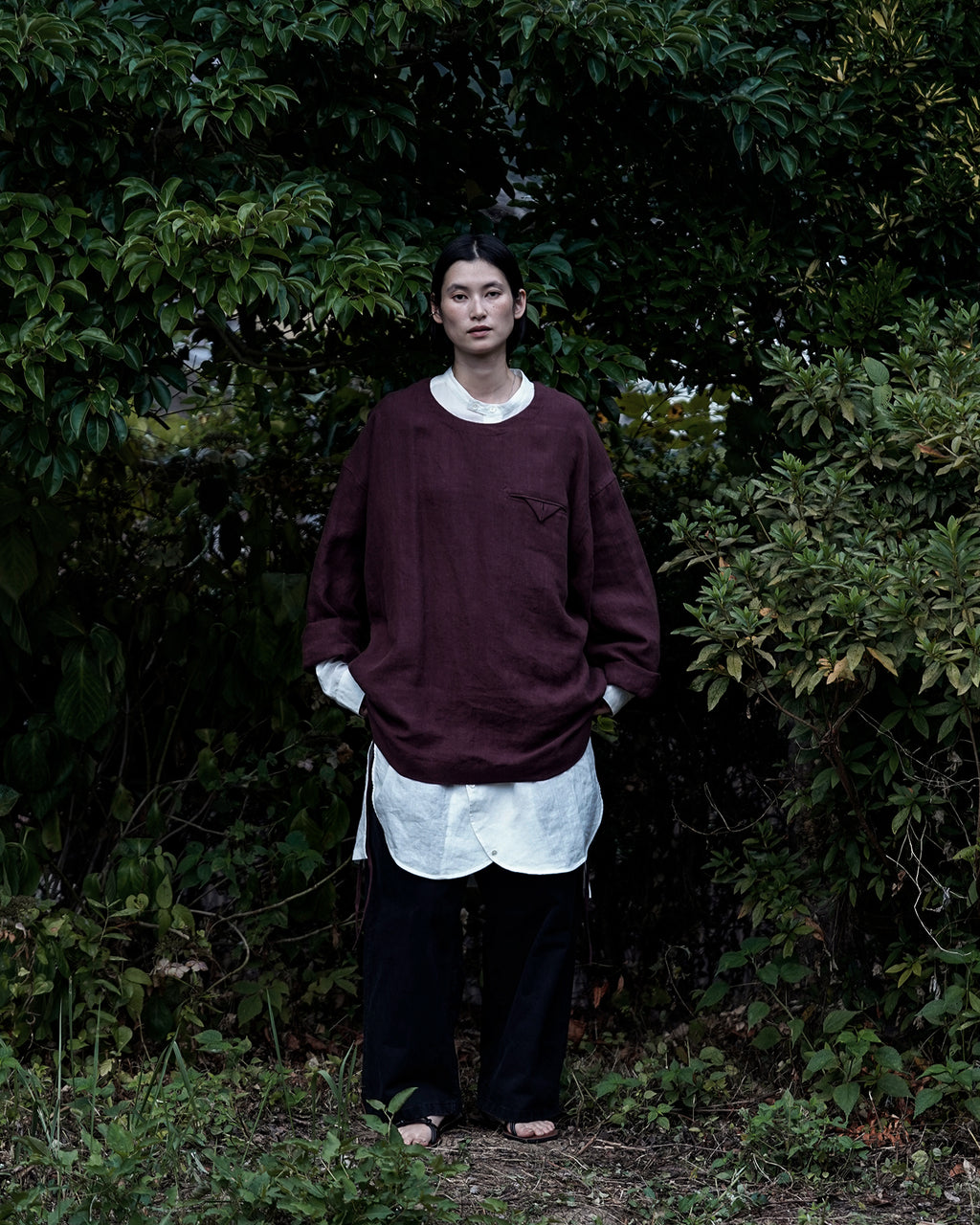 French Linen Side Shirring Long-Sleeve Pullover<#burgundy>