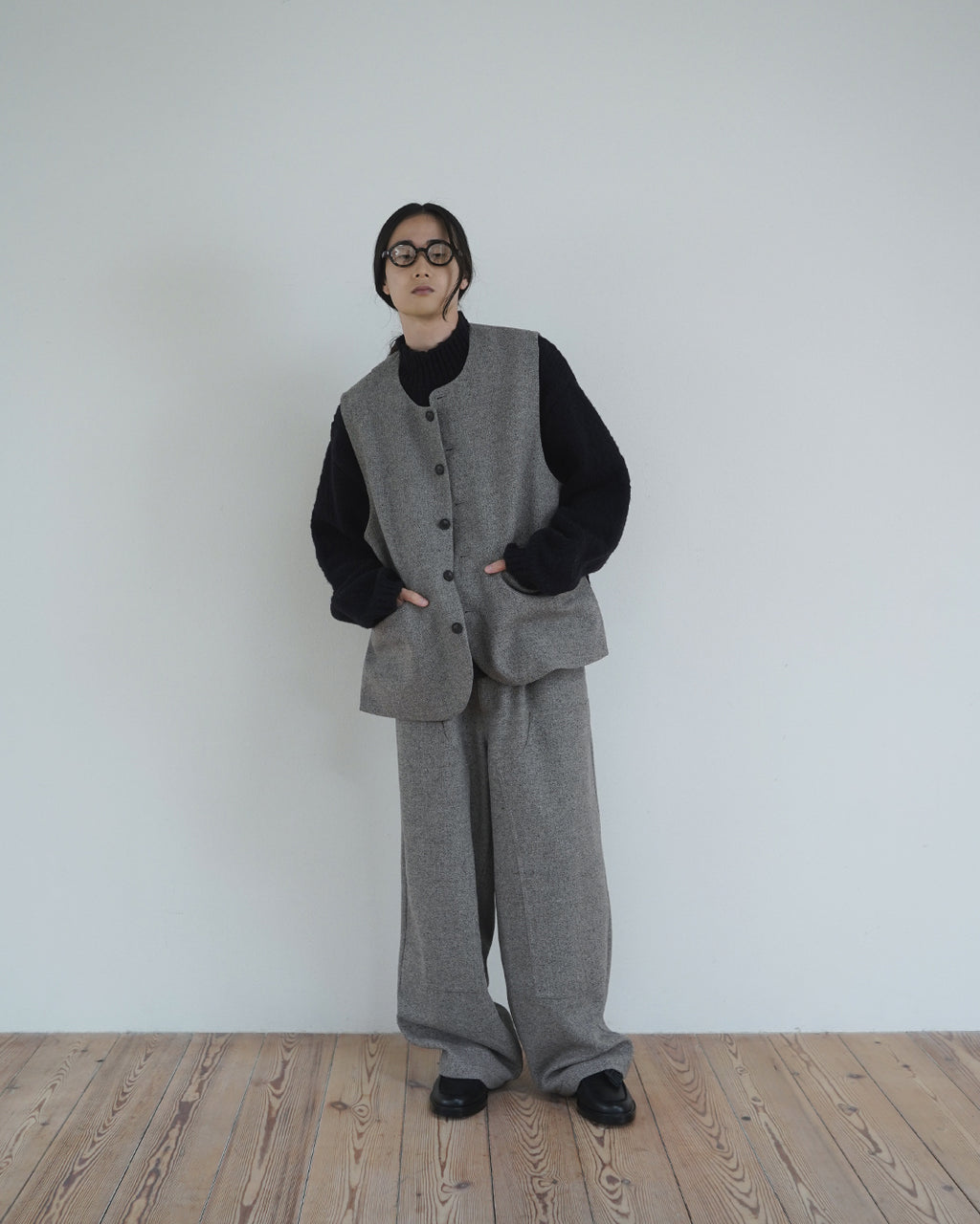 Wool Blend Tweed Back-Open Layered Crew Neck Vest <#greige>