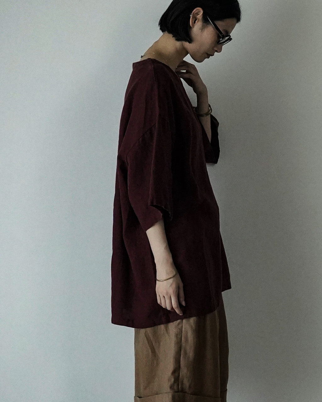 French Linen Crew Neck Half Sleeve Oversized Pullover <#burgundy>