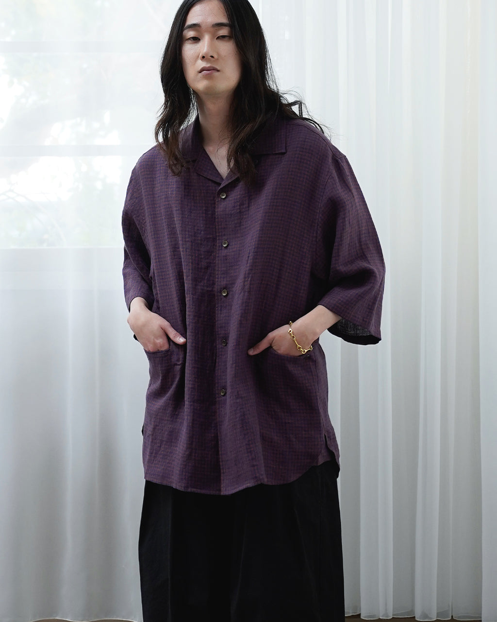 Wash Linen Open Collar 3/4 Sleeve Sleeping Shirt <#brown×navy>