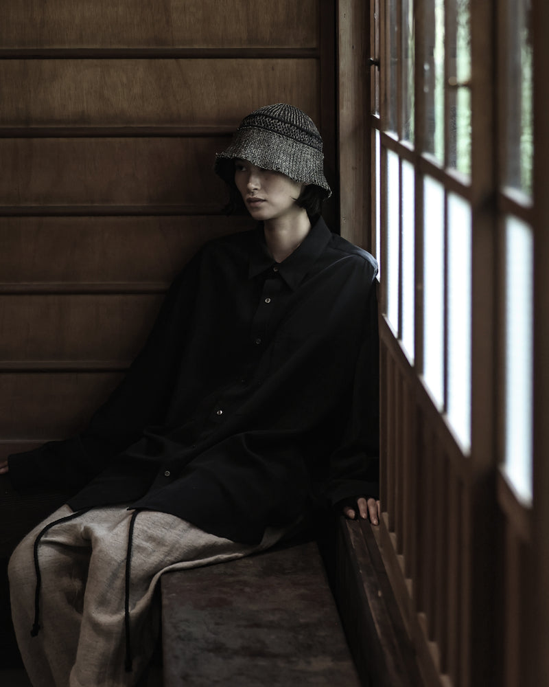 Linen-Tencel Double Pocket Regular Collar Over Shirt <#black>