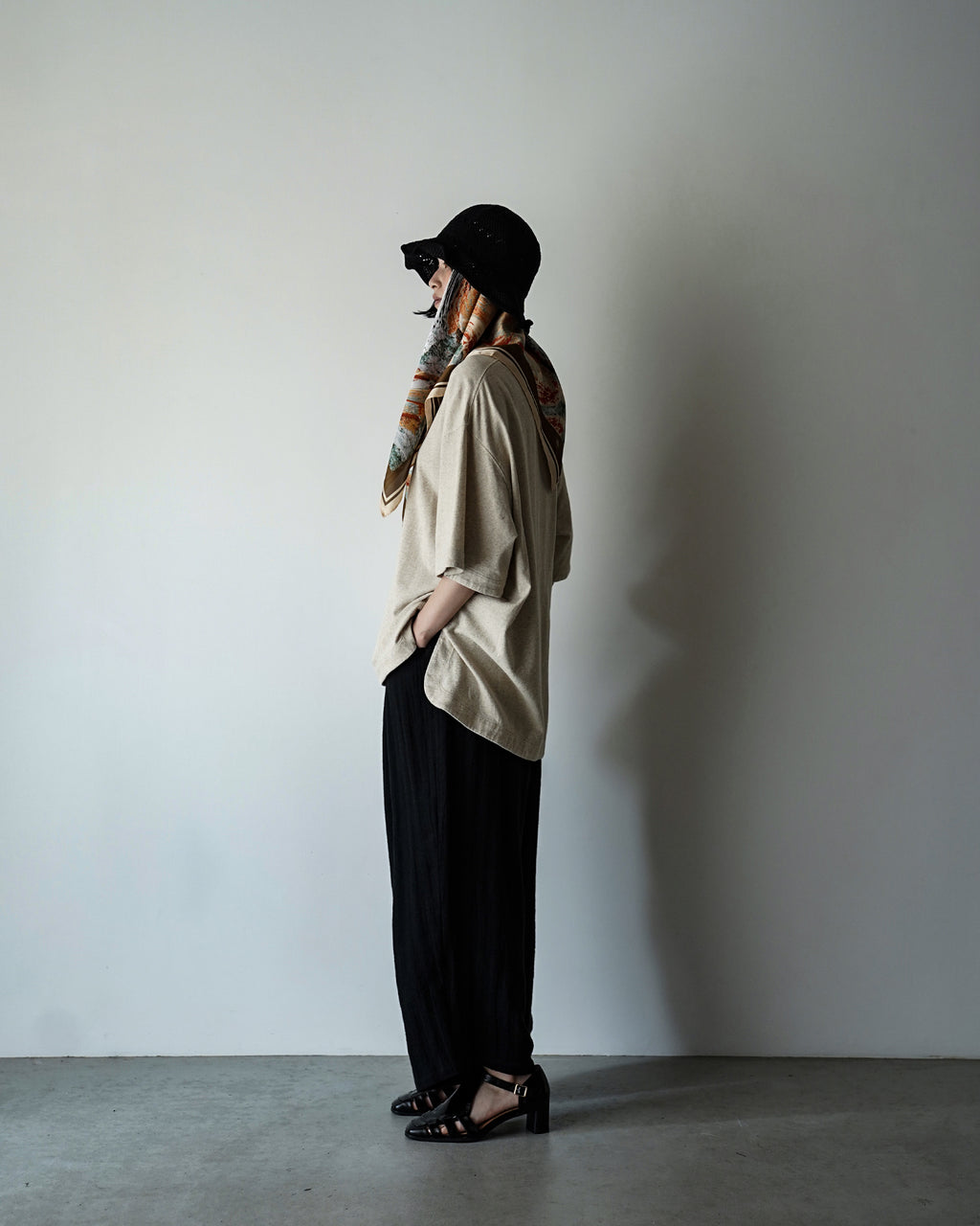 Cotton Linen Hem Round Skipper Half Sleeve Tee <#ivory>