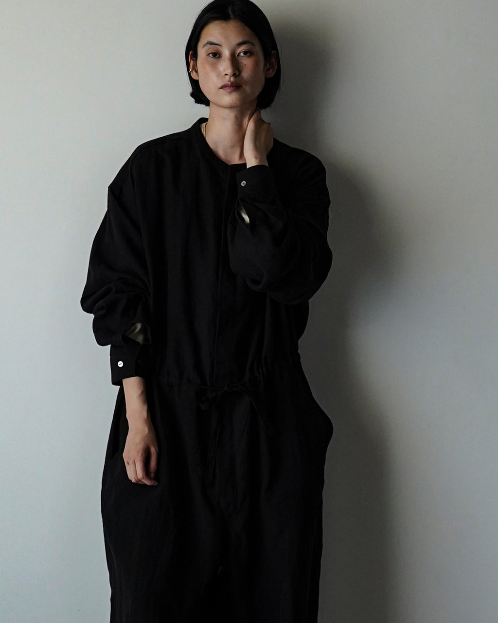 Wash Linen Band Collar Long-Sleeve Jumpsuit <#black>
