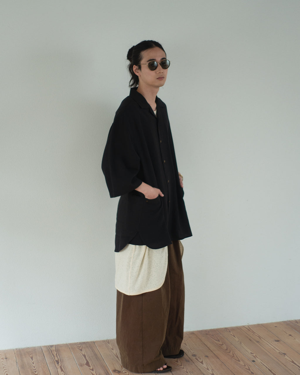 Wash Linen Open Collar 3/4 Sleeve Sleeping Shirt <#black>