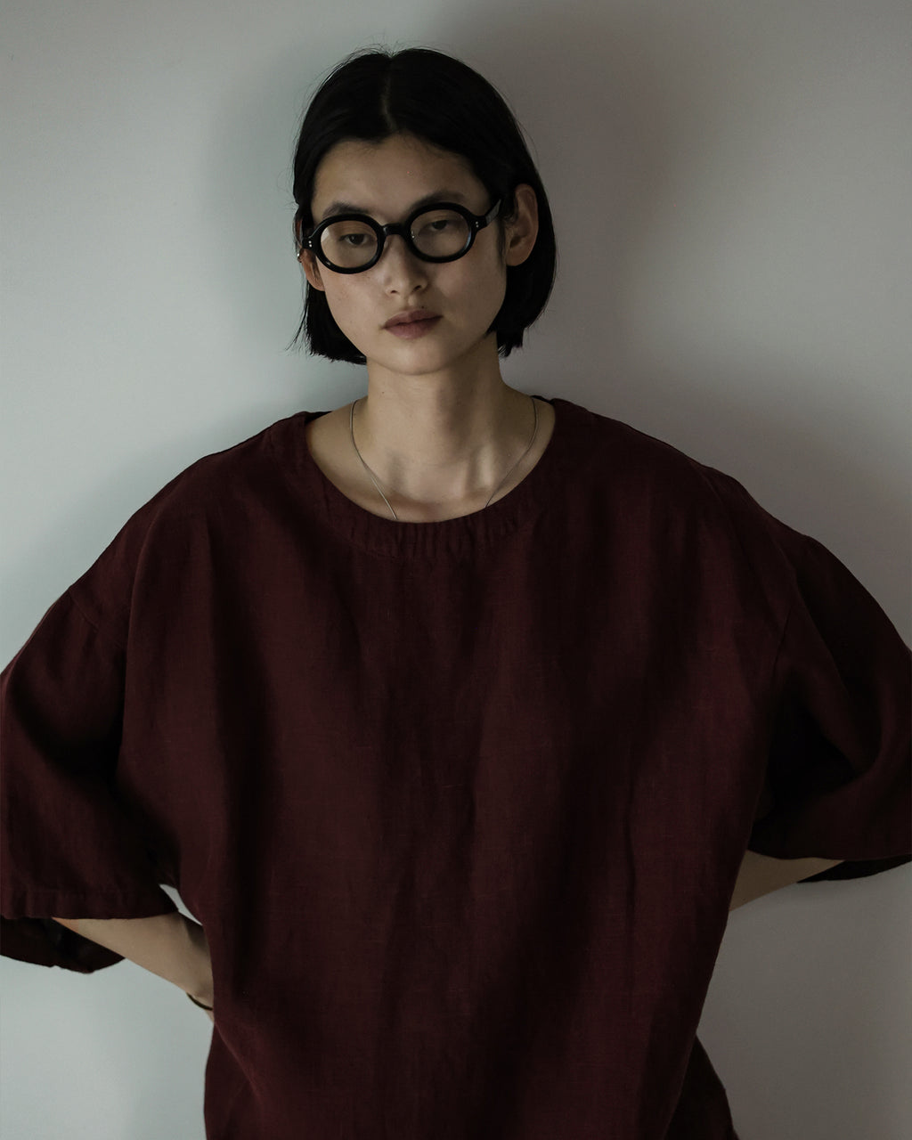 French Linen Crew Neck Half Sleeve Oversized Pullover <#burgundy>