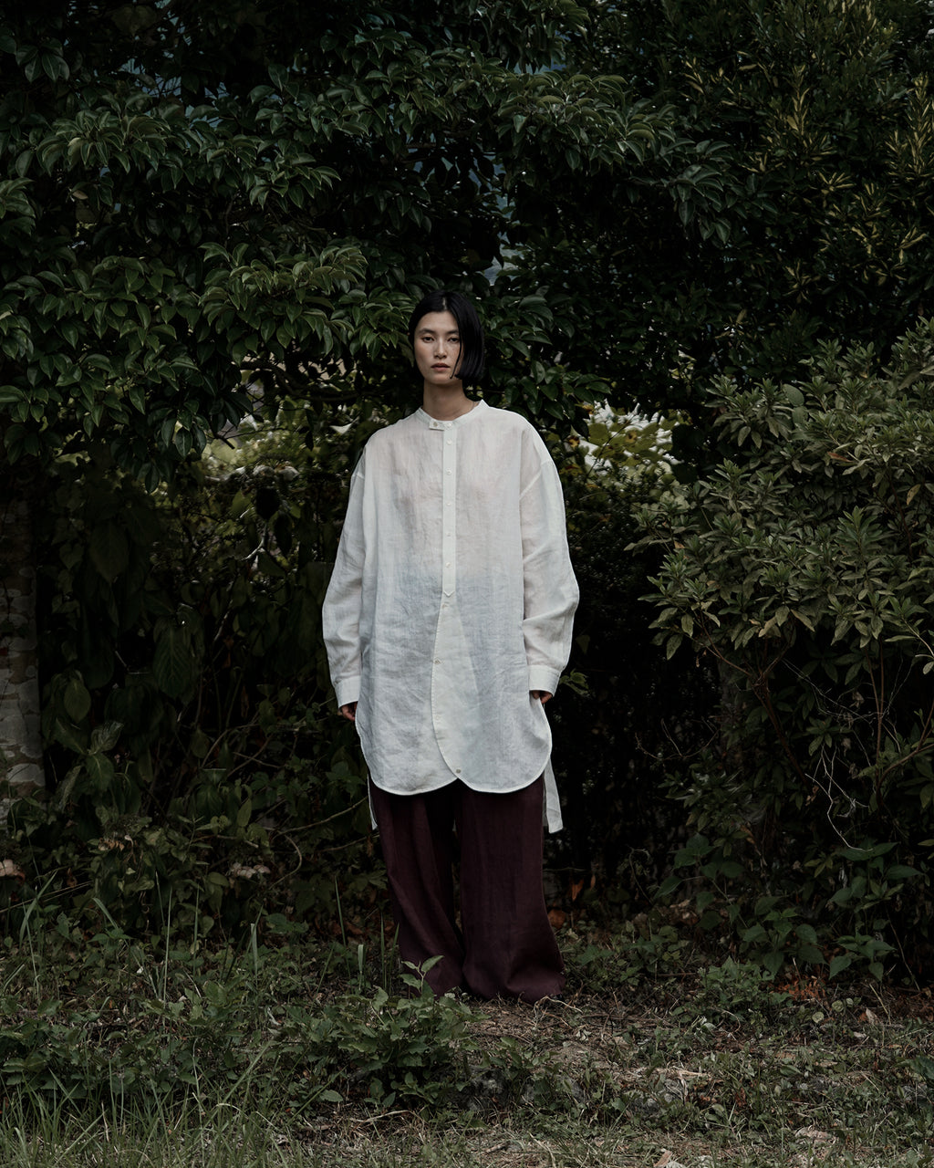 Linen Band Collar Round Slit Long Officer Shirt <#off white>