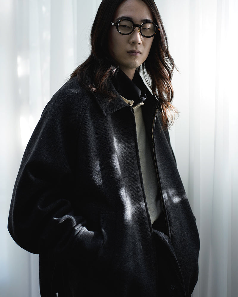 Wool Blend Herringbone Tweed Volume Zip Blouson <#black>